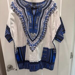 Cotton Woman Size XL Blue White Tribal Tunic Top Short Sleeve Geometric Boho